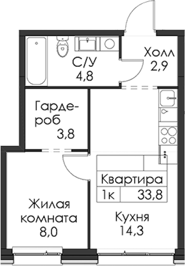 1-комнатная квартира 33.8 м², 4/8 эт., ЖК «Шкиперский 19»